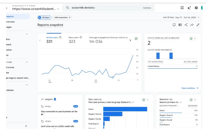 Google Analytics performance report showing website traffic and user engagement