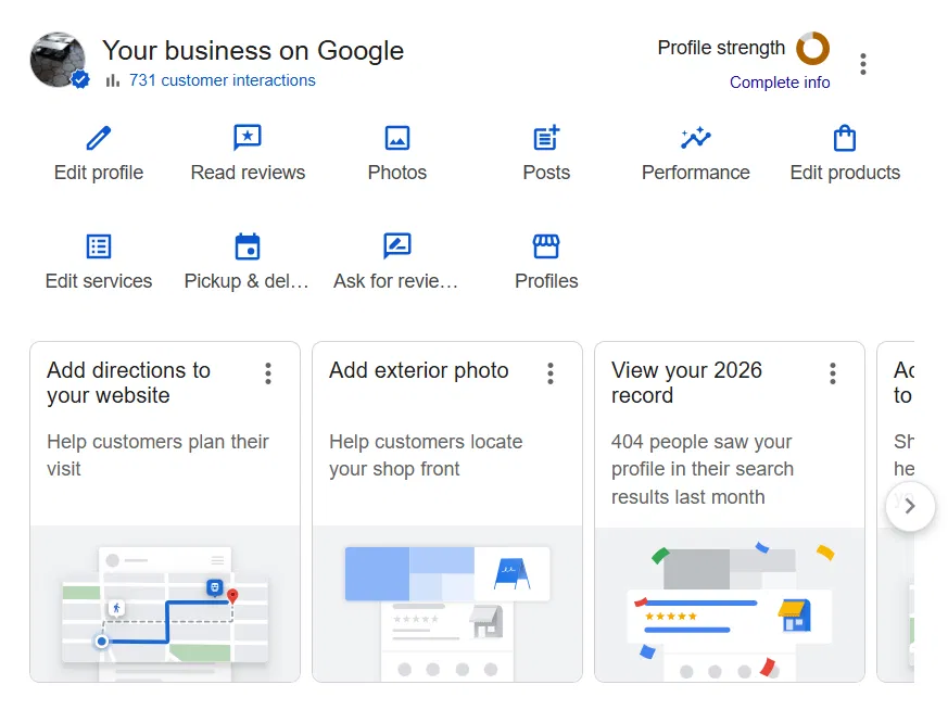 Google Business Profile optimisation dashboard showing profile activity