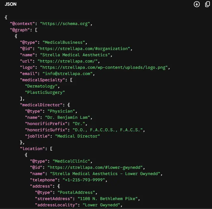 Local Business schema markup example showing business details and location data.