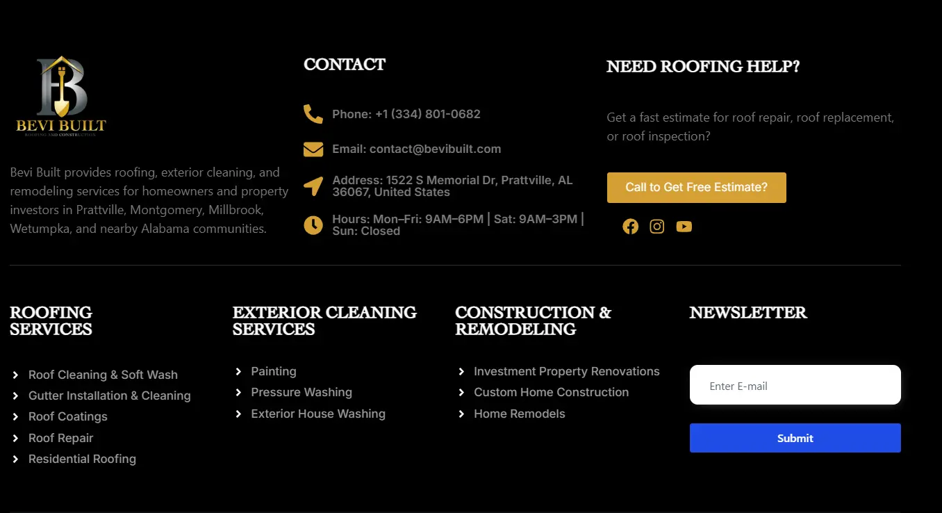 Local on-page SEO footer example showing NAP details and service area links
