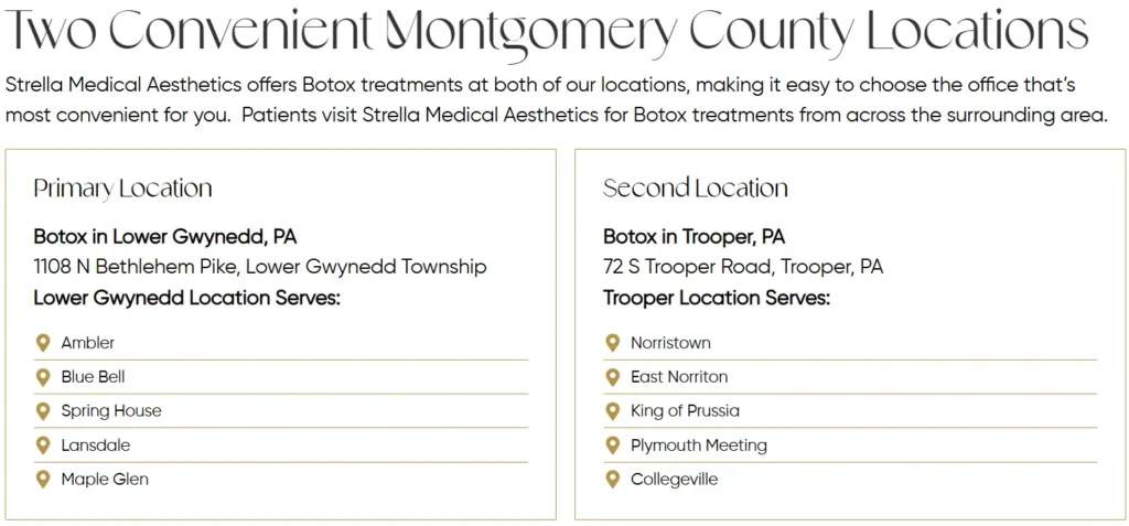 Local on-page SEO location page example showing service areas for two business locations.