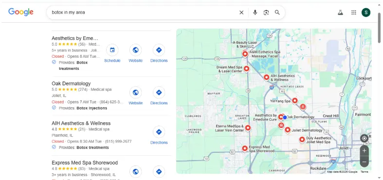 Google Maps local search results showing Oak Dermatology among medical spa businesses for the search "botox in my area